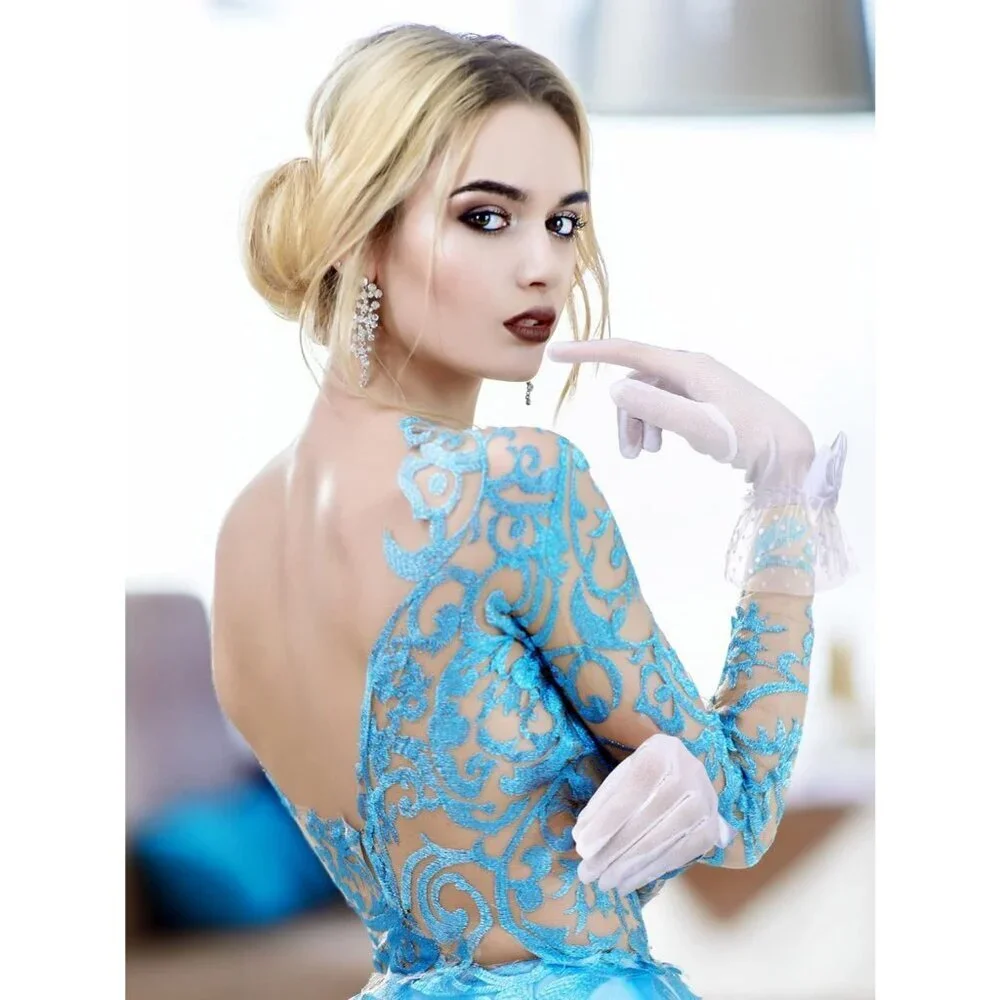 Women's Short White Bow Lace Gloves Tea Party Elegant Opera Wedding Accessories